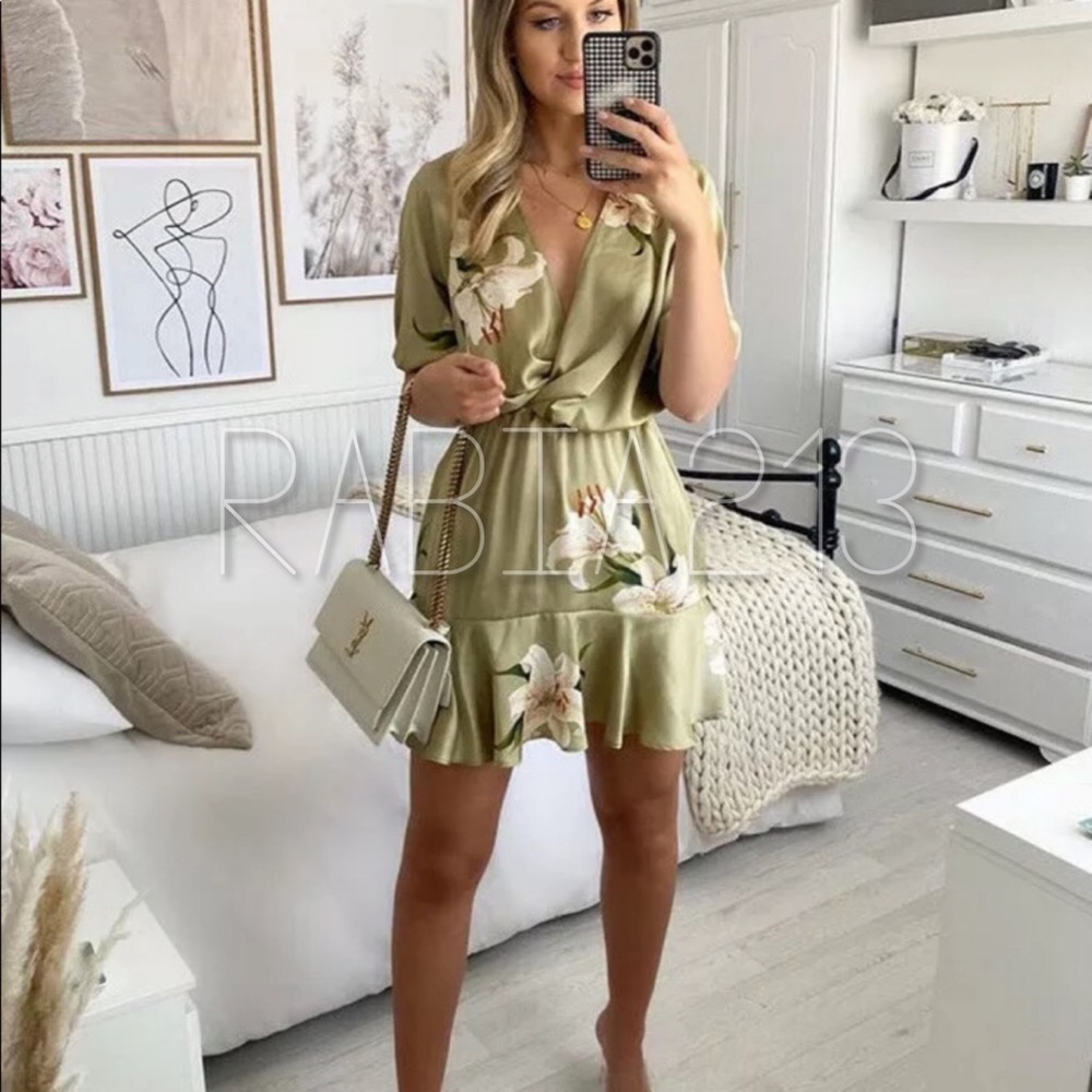 Zara Olive Green Floral Wrap Dress